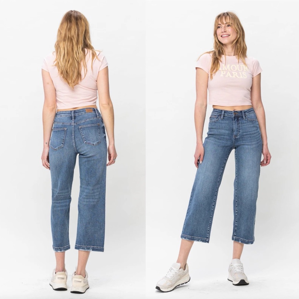Judy Blue High Waist Vintage Wash Wide Leg Crop‎ Denim